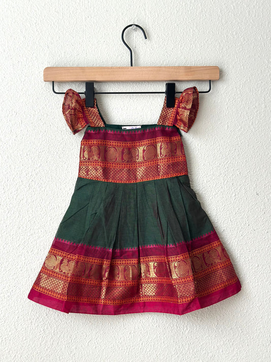 Bottle green and pink Kanchi cotton infant frock