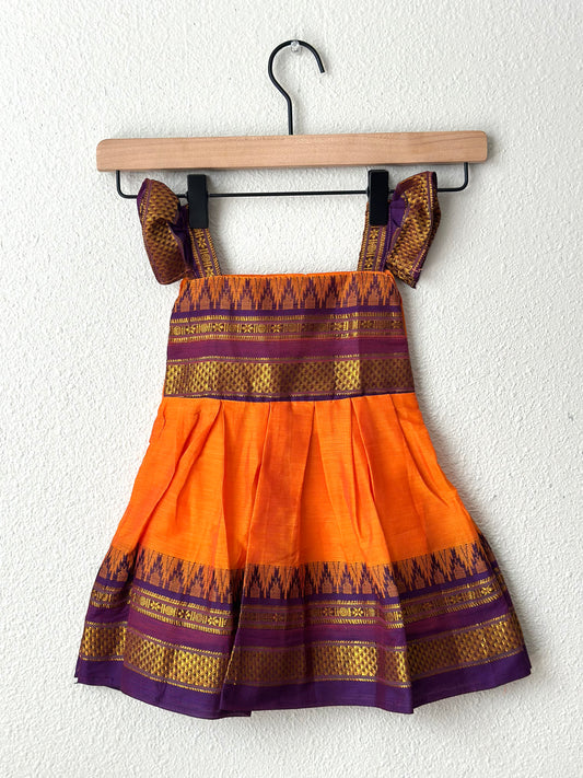 Orange and purple Narayanpet infant frock