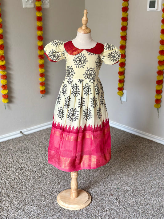 Kolam Sungudi Frock with Pink border