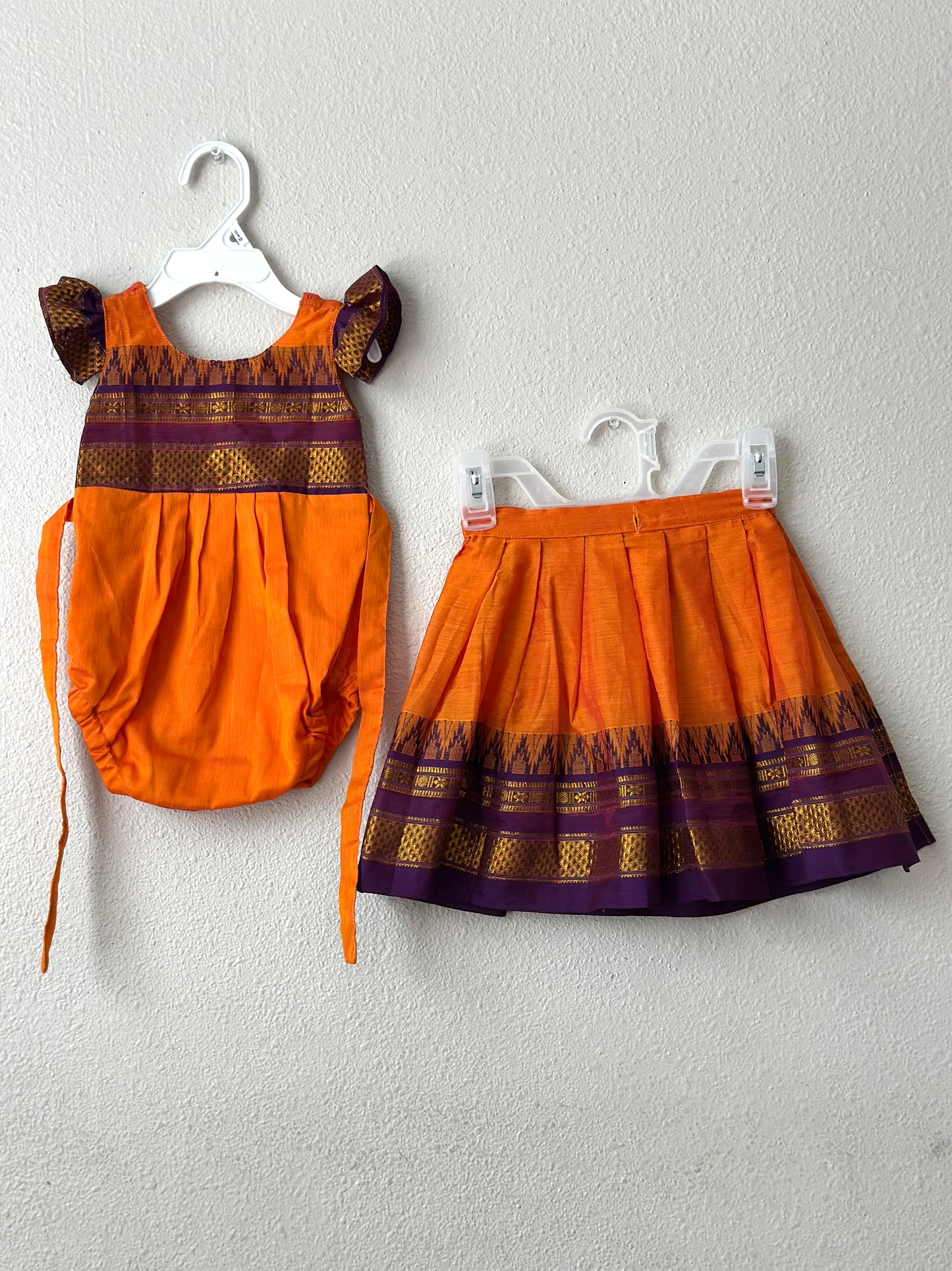 Orange and purple Narayanpet cotton Infants Ethnic onesie