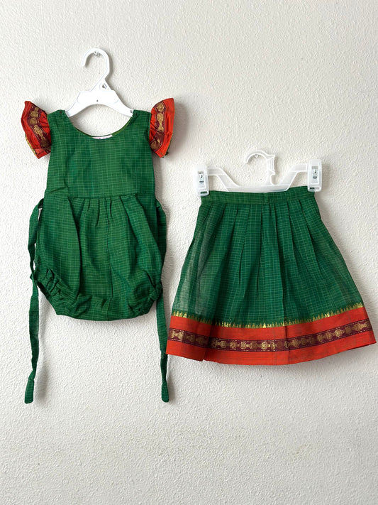 Green and Orange narayanpet cotton Infants Ethnic onesie