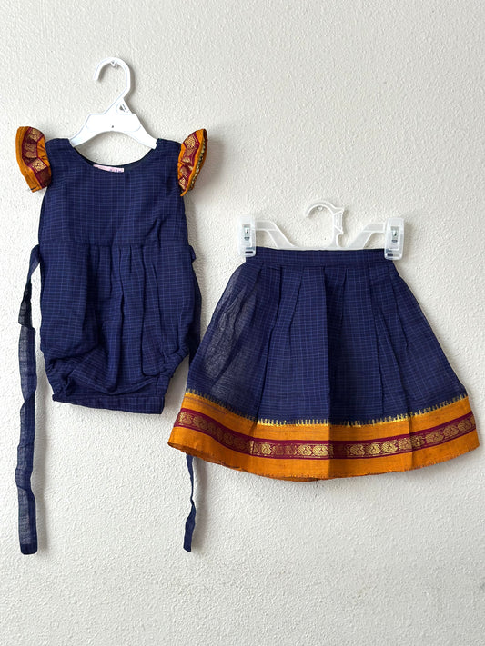 Blue and mustard narayanpet cotton Infants Ethnic onesie