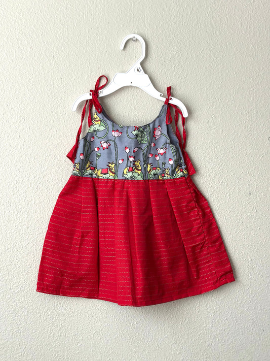 Red Pichwai Semi infants silk tie up frock