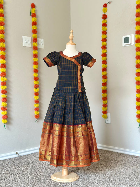 Black checked Narayanpet kids lehenga