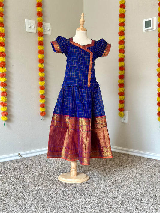 Blue checked Narayanpet kids lehenga