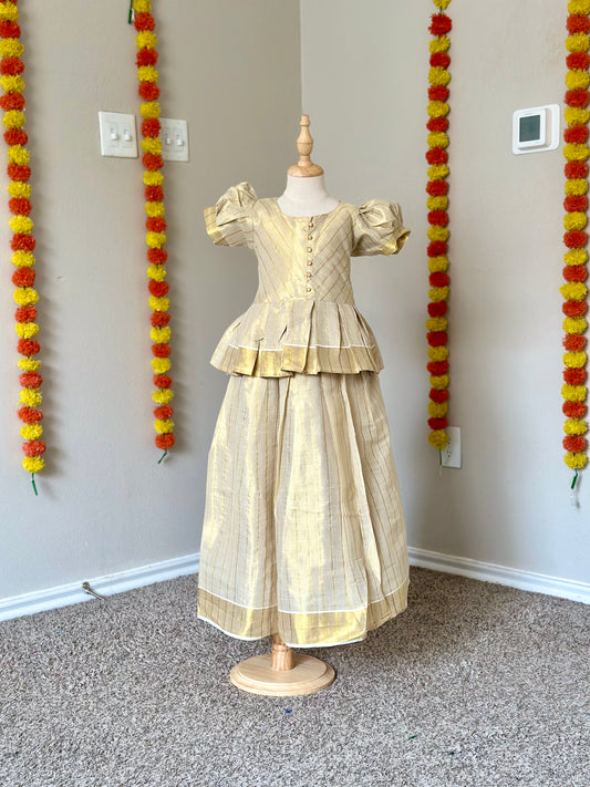 Golden Tissue Kerala style kids lehenga