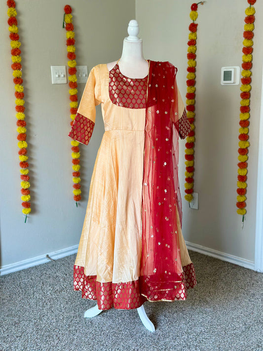 Beige and red three piece Festive Anarkali set