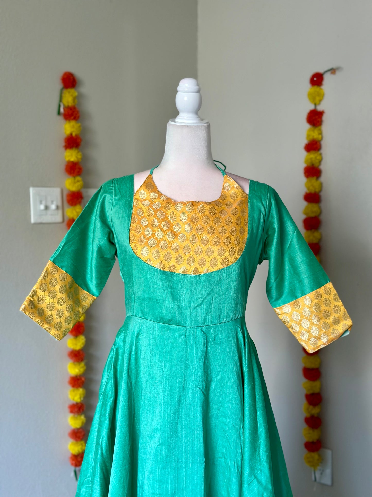 Turquoise and yellow three piece Festive Anarkali set