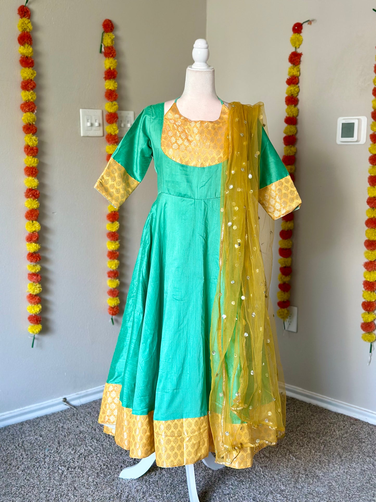 Turquoise and yellow three piece Festive Anarkali set