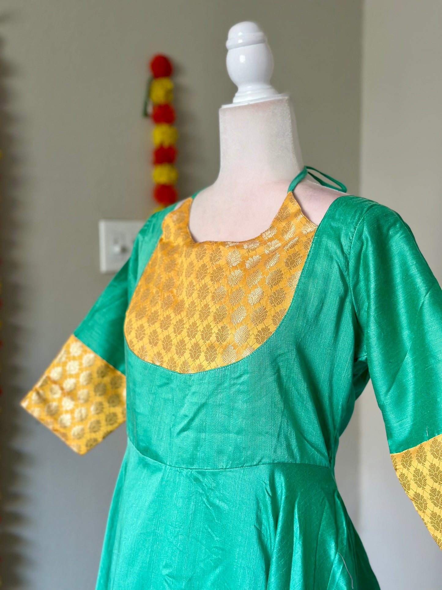 Turquoise and yellow three piece Festive Anarkali set