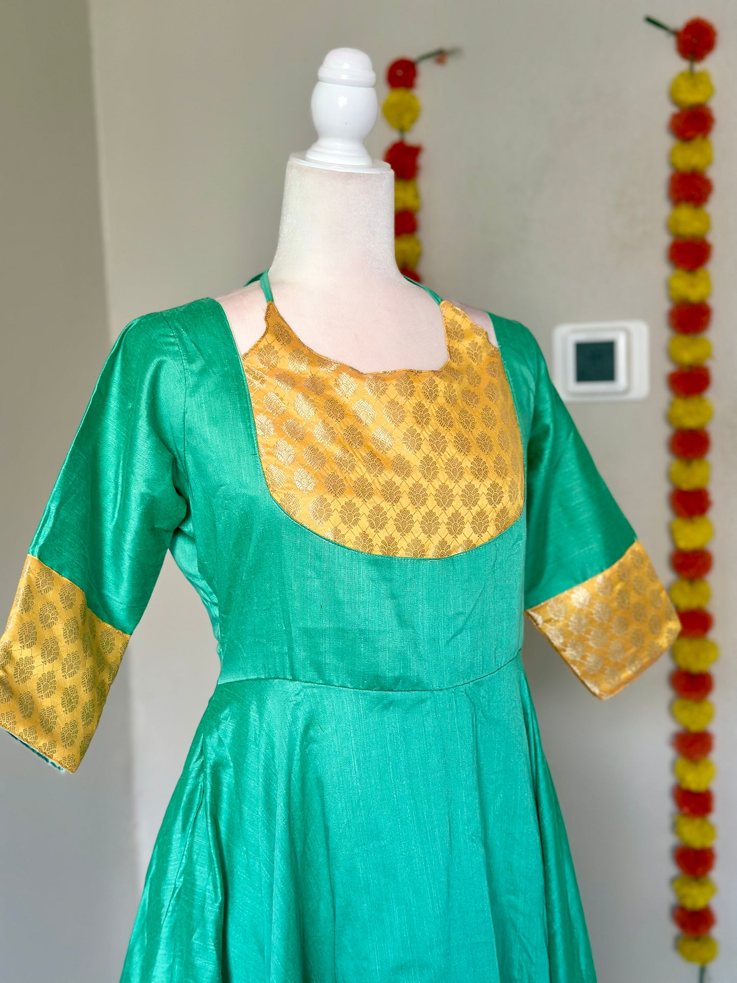 Turquoise and yellow three piece Festive Anarkali set